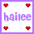 Two side-by-side pixelated stamps with purple borders, each containing four heart icons and the text 'hailee' in a different color scheme.