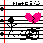 Pixel art icon with musical staff lines, a red vertical line, black note symbols, and a pink broken heart on white background.