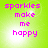 Green background with pink text reading 'sparkles make me happy' in four identical arranged in a