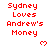 Red pixelated text "Sydney Loves Andrew's Money" appears in a with heart symbols on white and gray backgrounds