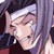 Pixelated anime-style character face with purple hair and white headband, static single-frame image.