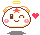 Pixel art contact sheet showing two frames of an animated buddy icon with a round white character, orange ears, yellow halo, red star on forehead, pink cheeks, and a floating heart between the frames.