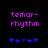 Two side-by-side pixelated text displays with purple 'temar-rhythm' text and blue heart symbols below, showing slight animation differences in heart positions.