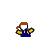 Pixelated character with brown hair in a ponytail, white face, blue outfit with yellow accents, standing against gray background with text elements above and below.