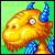 Pixel art of a golden dragon head with blue horns and chest, green background, showing two of head movement