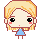Pixel art character with blonde hair, black eyes, pink cheeks, and a blue dress; left frame shows closed mouth, right frame shows open mouth.