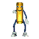 Animated character with golden cylindrical body, blue limbs, white gloves, and white shoes in multiple poses against gray background.