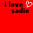 Red background with black text 'i love sadie' and a white pixelated heart symbol in the center.