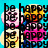 Pixelated of smiley face icons and repeated 'happy' text on a blue background