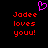 Pixelated red text reads "Jadee loves youu!" with a pink heart symbol above, displayed twice side-by-side on black background.