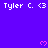 Pixelated text and pink hearts on a purple background with a gray overlay in the bottom-right corner.