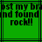 Green background with black lines and pixelated text reading 'lost my bra and found rock!!' in three