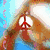 Animated sequence showing a cartoon character with large eyes and brown hair, followed by beach scenes with peace signs drawn in sand.