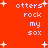 Red background with white pixelated text reading 'otters rock my sox' repeated in four positions, surrounded by small plus-shaped sparkles.