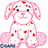 Pixelated pink dog with red spots sits on white background, surrounded by pink text praising its cuteness and rock status.