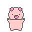 Two pixelated pink pig icons with black outlines, one raising arms and the other showing a cross symbol on its forehead against gray background.