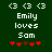 Green background with white pixelated text 'Emily loves Sam' and red heart symbols, where one heart changes color between frames.