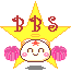 Pixelated character with pink cheeks and star on forehead inside yellow star, holding pink pom-poms; two expressions shown.