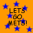 Orange background with scattered blue stars and black text reading 'LETS GO METS!' in pixelated font.