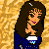 Pixelated cartoon woman with long brown hair in blue dress holding white cup, next to text "I GOT A NEW BOYFRIEND" on golden textured background.