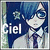 Pixelated anime-style character with blue hair and glasses, wearing a white shirt and purple tie against dark blue background.