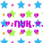 Pixelated grid of blue, green, pink, and orange star-shaped icons with a central purple text block reading 'MYK.' on white background.
