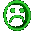 Green pixelated circular icon with sad expression showing two square eyes and downturned mouth, displayed side-by-side in animation.