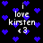 Pixelated animation of blue hearts and white text reading 'i love kirsten <3' on a black background, with text and heart positions shifting across frames.