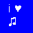 Blue background with white pixelated symbols: lowercase 'i', heart, and musical note.