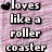 A four- of pixelated text and imagery with a roller coaster and a character in red and blue attire