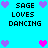 Pixelated icon with cyan background displaying 'SAGE LOVES DANCING' text and heart symbols in purple/pink hues.