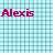 Static buddy icon with light blue and green checkered background featuring pixelated text reading "Alexis" in pink and dark purple hues.