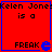 Red square with blue border containing text 'Kelen Jones is a FREAK' and pixelated blue symbol, repeated in four identical