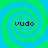 Four identical spiral patterns with alternating green and blue hues, each containing the text 'vudo' in dark pixelated font.