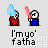 Pixel art animation of two figures in red and blue outfits exchanging colored projectiles with motion trails, each labeled 'imyo' fatha below.