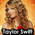 Pixelated image of a woman with long brown hair wearing a red top against an orange gradient background, with text reading "Taylor Swift" at the bottom.