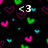 <3 and ily text fragments appear over a black background with scattered pink, green, and cyan heart shapes.