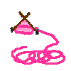 Animated sequence of pink yarn on brown knitting needles with varying yarn lengths and loops against gray background.