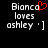 Pixelated text reads "Bianca loves ashley ' ]" with a red heart symbol replacing the 'a' in "Bianca" on the left side of the image.