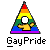 Pixel art icon featuring a rainbow-colored triangle with a white circle and yellow figure inside, labeled "GayPride" below in pixelated text.