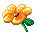 A contact sheet of 10 pixel-art flower frames showing a single orange flower with green stem and leaves in various open states against a gray background.