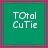 Green square with pink and purple border containing white pixelated text 'Total CuTie' on both sides