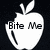 White apple with bite mark and two leaves on black background; text 'Bite Me' appears on left apple in first frame, disappears in second frame.