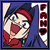 Pixelated character with red headband and blue hair, mouth open in shouting expression, wearing red top against purple background.