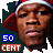 Animated contact sheet of a 48x48 pixel buddy icon featuring a person wearing a red and white cap with "50 CENT" text in blue and orange, displayed across multiple frames on a gray background.