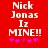 Red background with white pixelated text "Nick Jonas Iz MINE!!" and five pink asterisks below, two versions of the same design side-by-side.