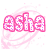 Pixelated pink text 'asha' with purple dots inside letters, surrounded by swirling light pink lines on white background.