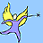 Pixelated angel figure with yellow wings and purple body holding a dark object, shown in two sequential poses against light blue background.