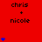 Red background with repeated 'chris + nicole' text and blue heart symbols in a pattern, showing animation changes across frames