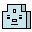 Four light blue pixel-art icons with black outlines and gray side , each displaying distinct facial features or symbols in white, pink, and black
